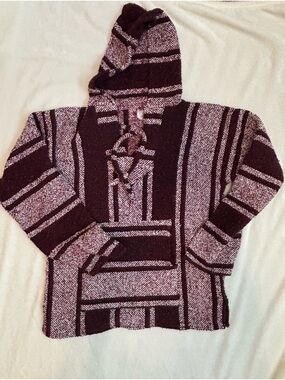 Striped Baja Hoodie Sweater in Maroon and Cream